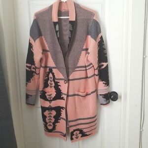 Aztec Tribal Cardigan Sweater Pink Black Gray XL